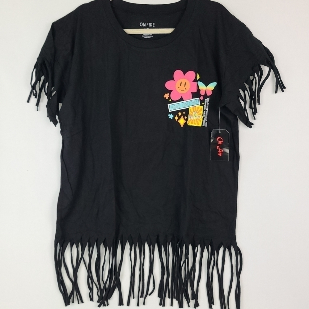 NEW ON Fire Black Fringe Tee "Good Vibes Only Be Happy" Flowers Print SZ 3X NWT